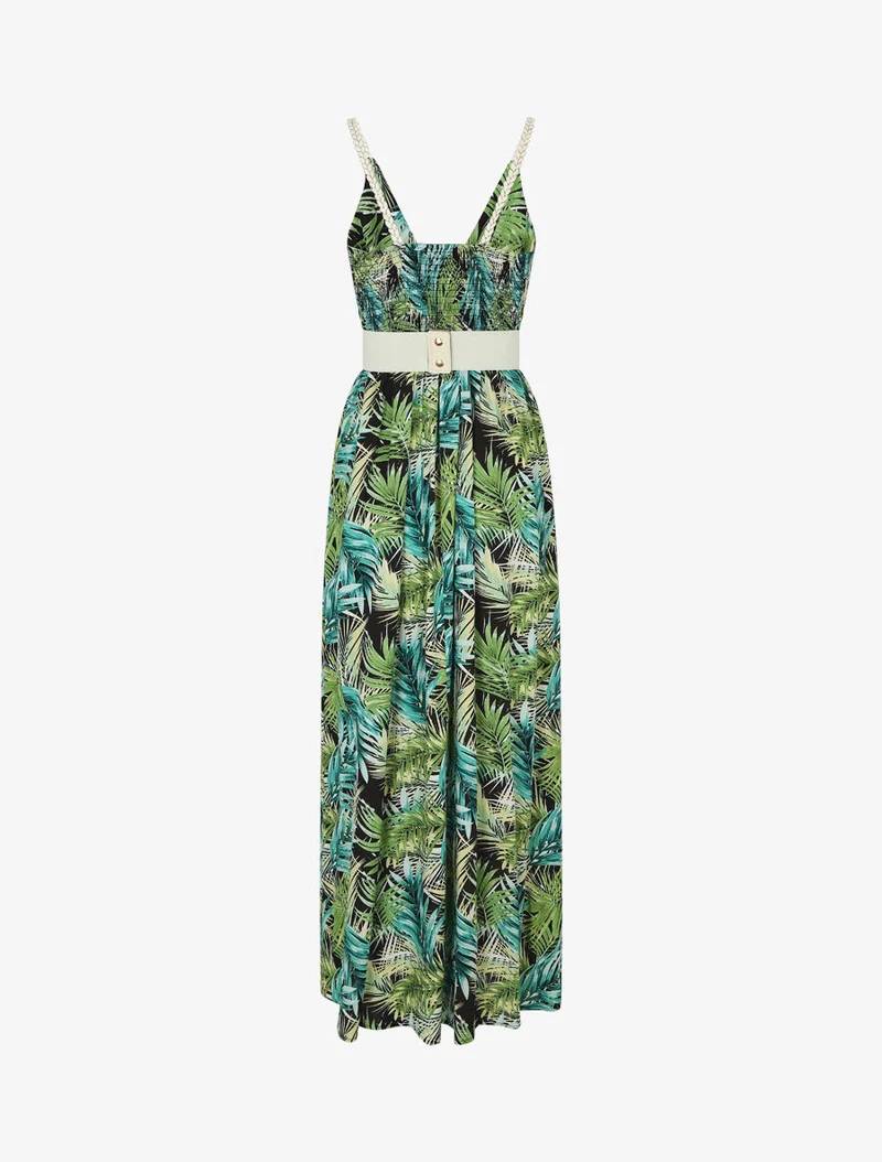 Robe longue élastiquée imprimé feuilles - Noir