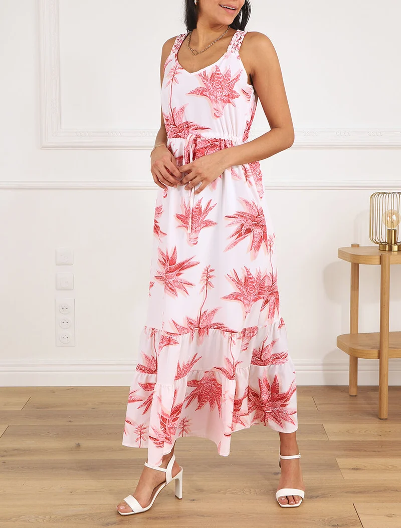 Robe longue droite à imprimé fleurs - Blanc