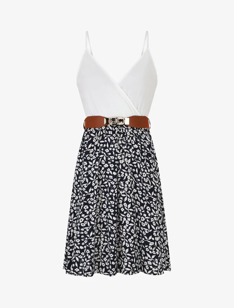 Robe mi-longue fleurie à fines bretelles - Marine