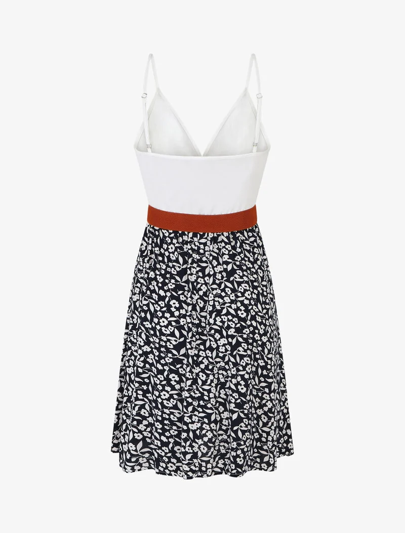 Robe mi-longue fleurie à fines bretelles - Marine