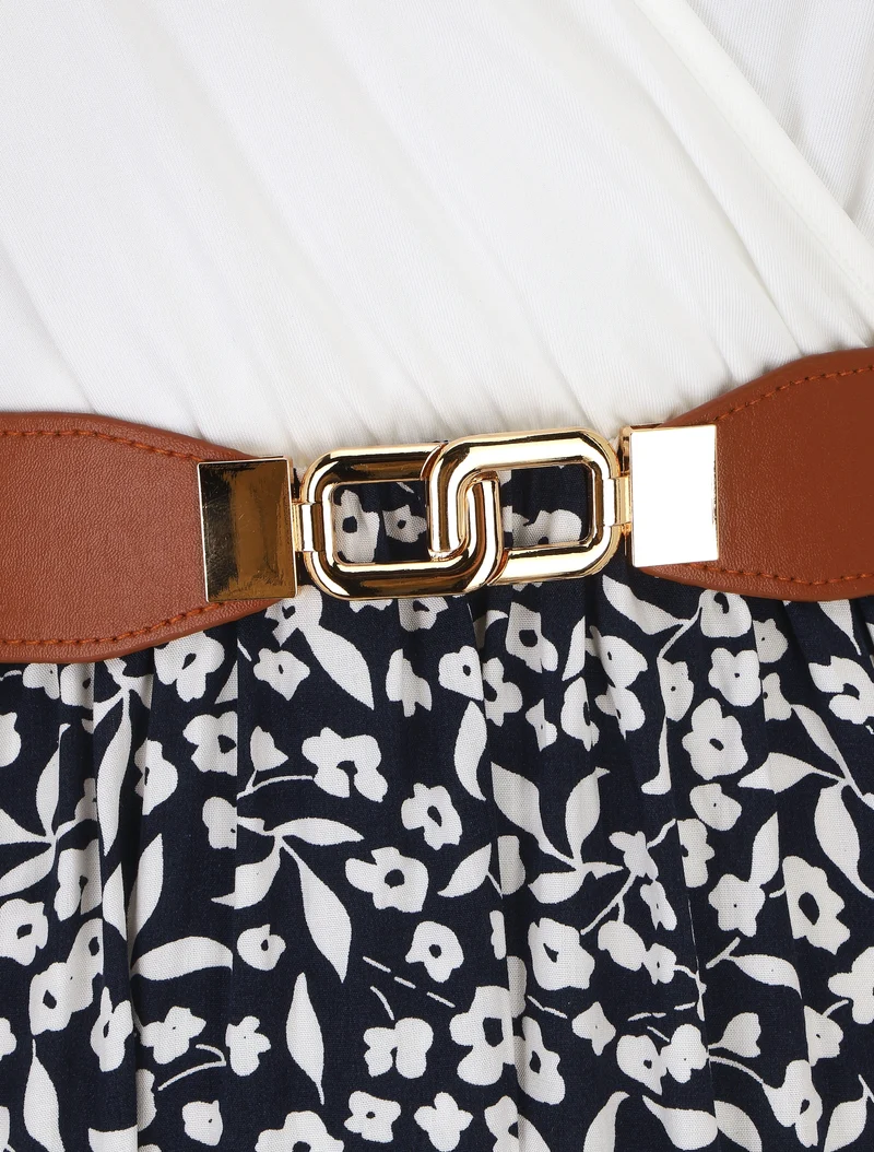 Robe mi-longue fleurie à fines bretelles - Marine