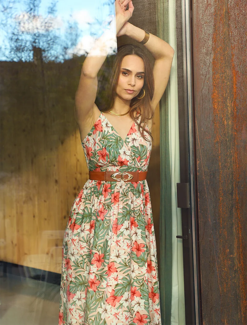 Robe longue empire imprimé floral - Rose
