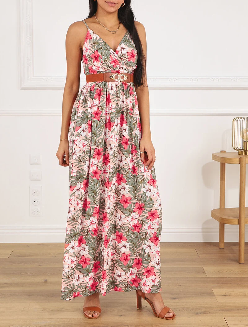 Robe longue empire imprimé floral - Rose