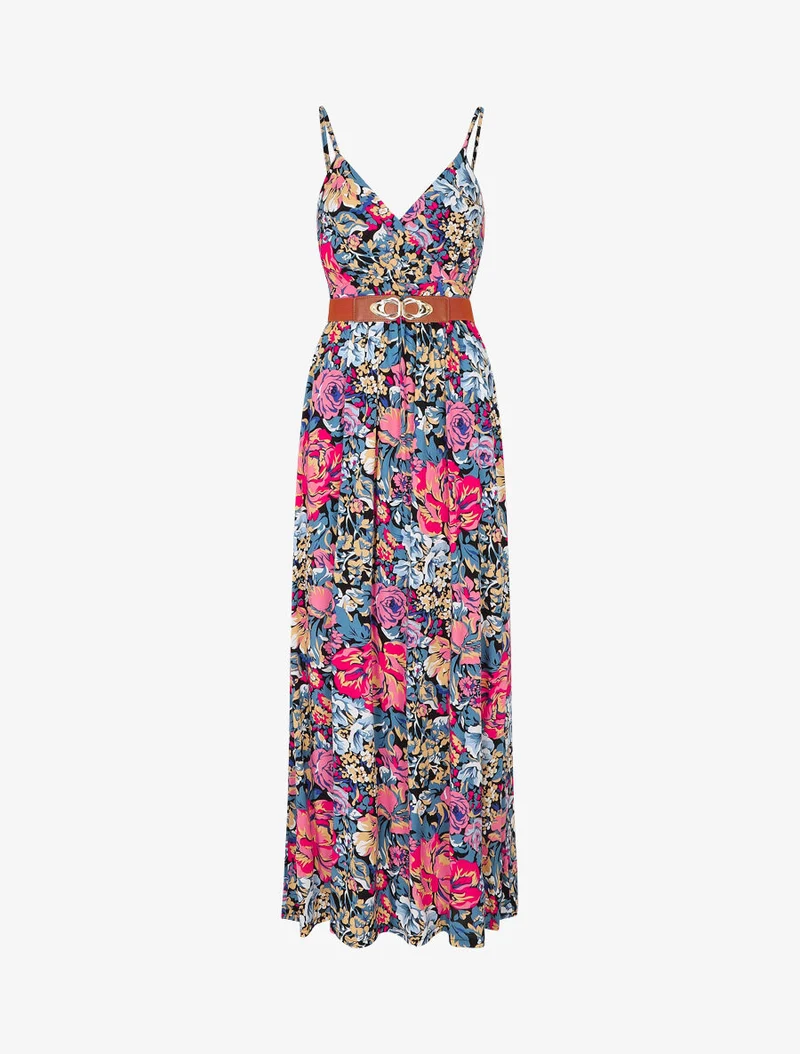 Robe longue empire imprimé fleuri - Noir