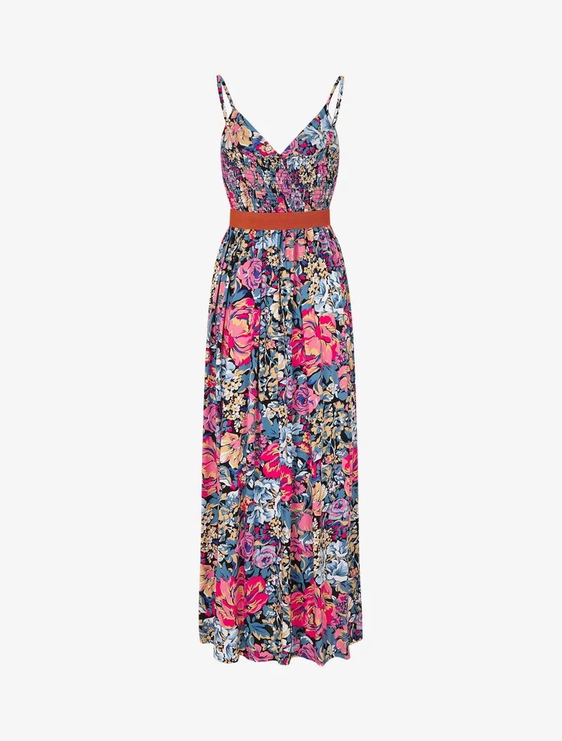 Robe longue empire imprimé fleuri - Noir