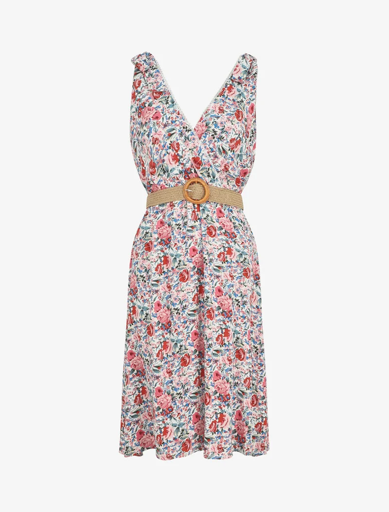Robe mi-longue sans manches imprimé fleurs sauvages - Blanc