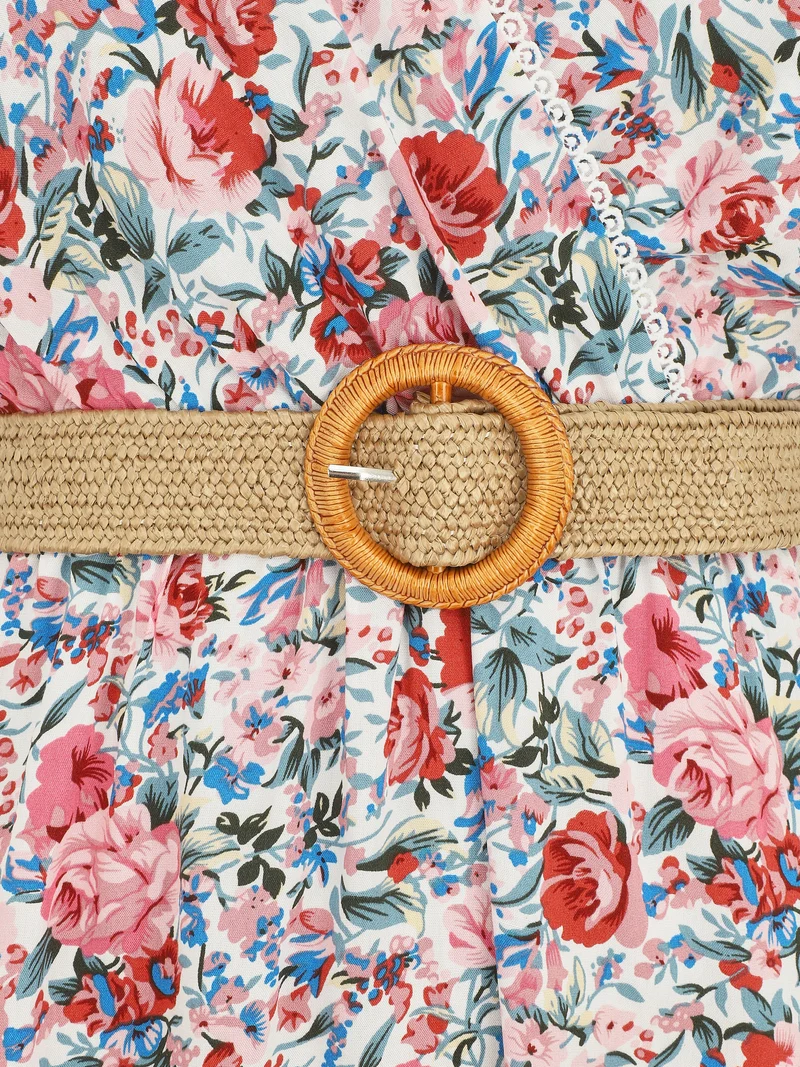 Robe mi-longue sans manches imprimé fleurs sauvages - Blanc