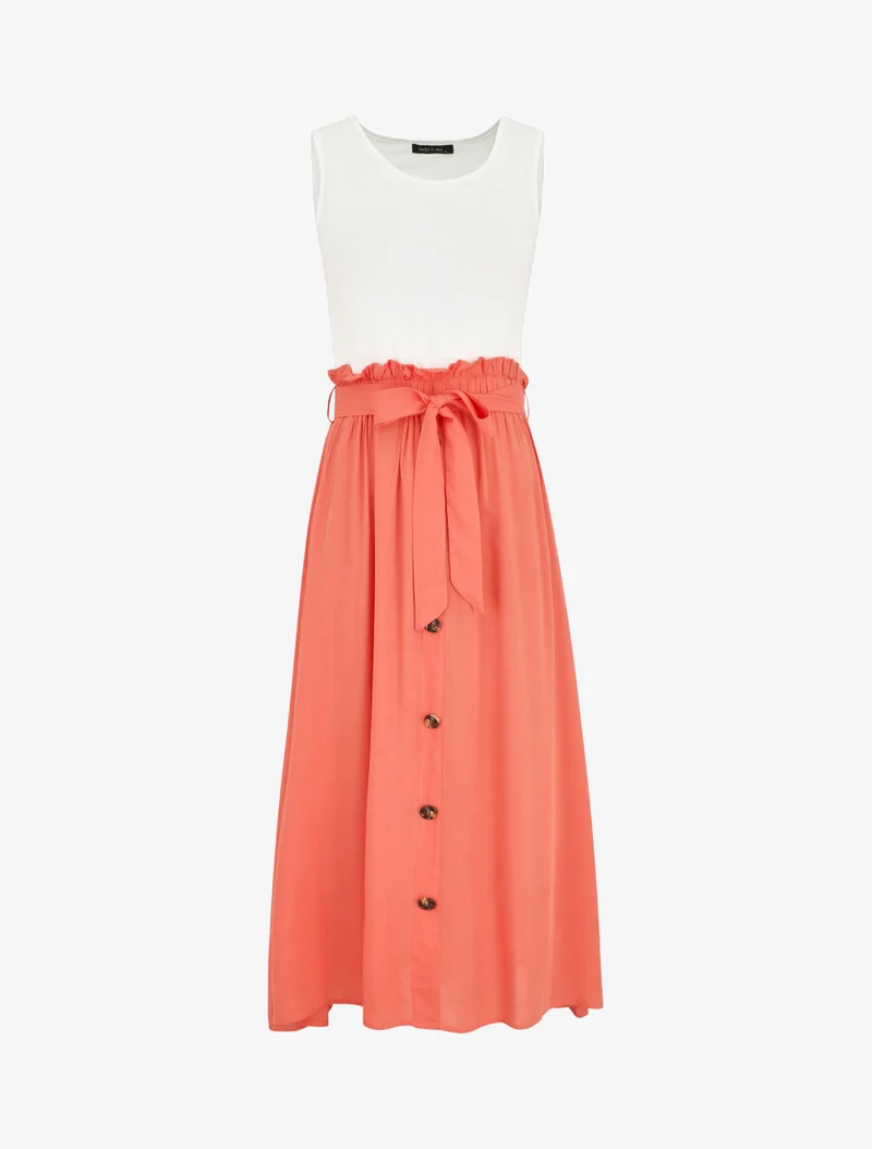 Robe longue évasée sans manches bicolore - Saumon