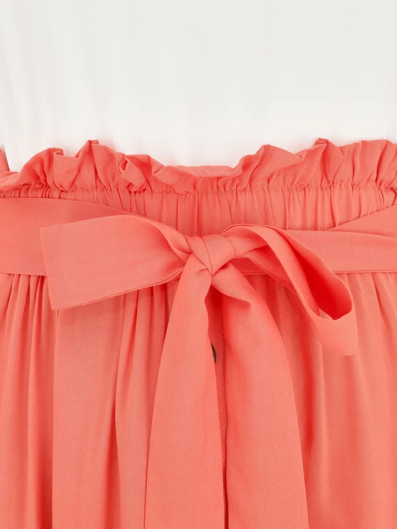 Robe longue évasée sans manches bicolore - Saumon