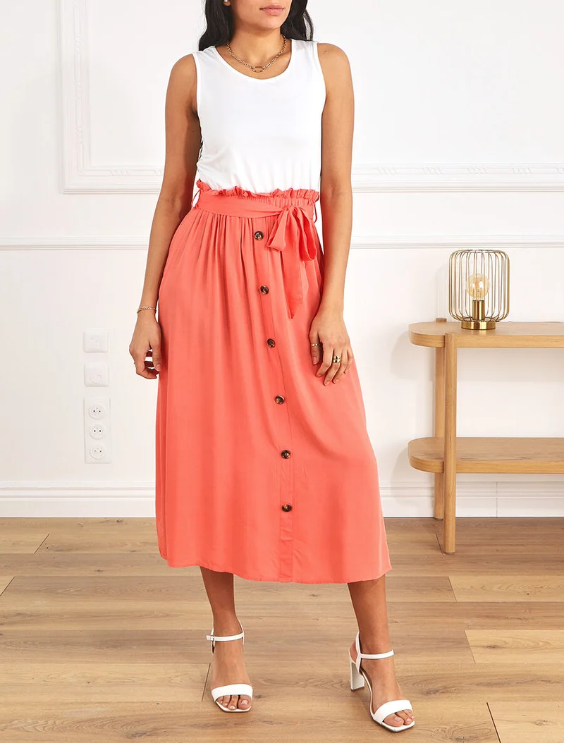 Robe longue évasée sans manches bicolore - Saumon
