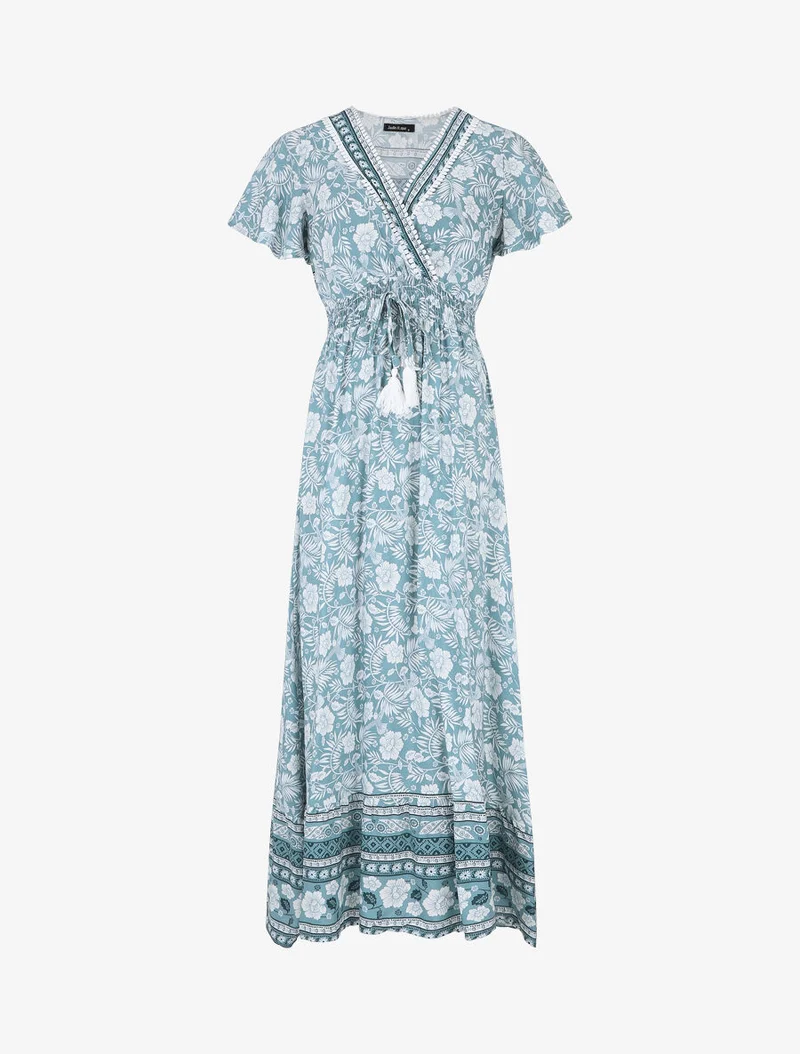 Robe imprimé fleuri à manches volantées - Vert d'eau