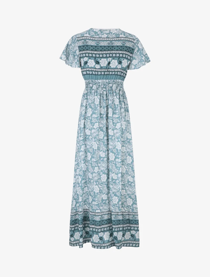 Robe imprimé fleuri à manches volantées - Vert d'eau