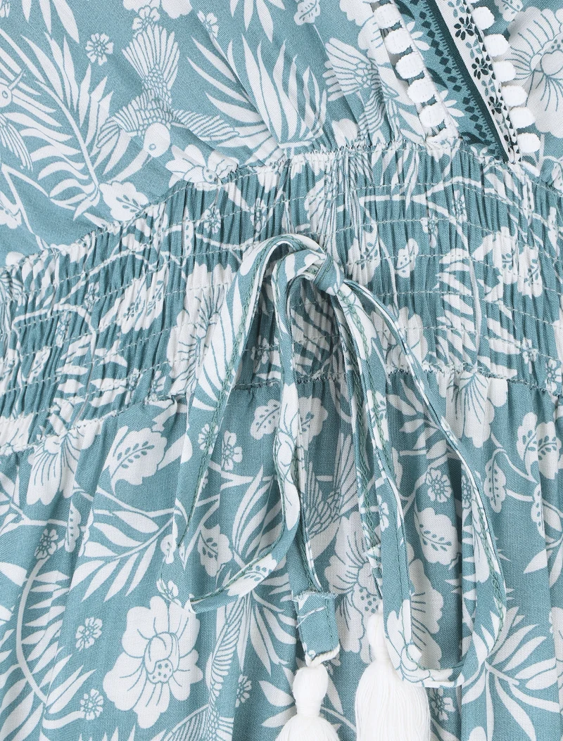 Robe imprimé fleuri à manches volantées - Vert d'eau