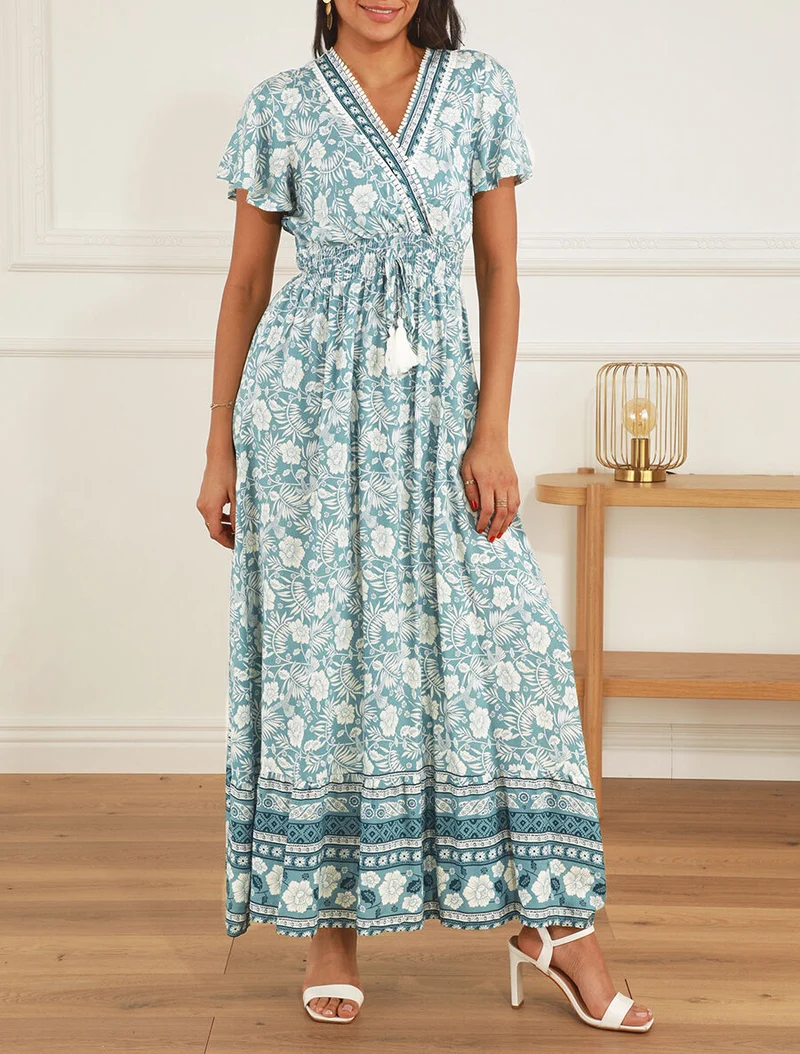 Robe imprimé fleuri à manches volantées - Vert d'eau