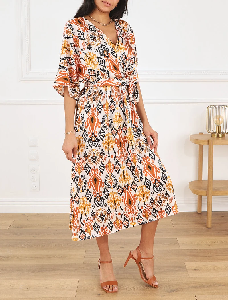 Robe longue style kimono imprimé aztèque - Marron