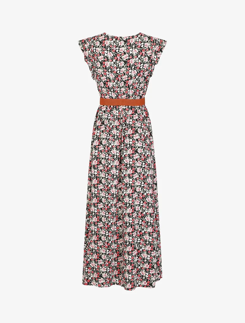Robe longue imprimé petites fleurs à manches volantées - Noir