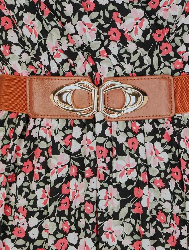 Robe longue imprimé petites fleurs à manches volantées - Noir