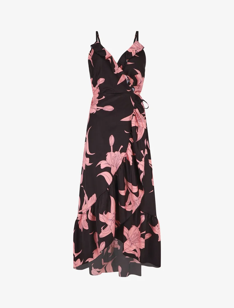 Robe longue asymétrique à imprimé grandes fleurs - Noir