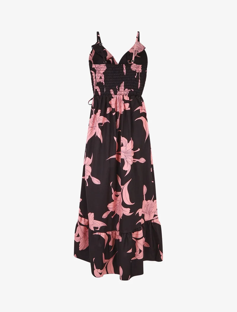 Robe longue asymétrique à imprimé grandes fleurs - Noir