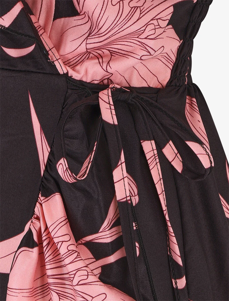 Robe longue asymétrique à imprimé grandes fleurs - Noir