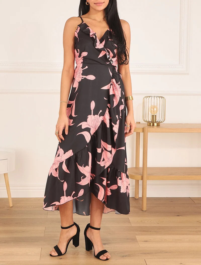 Robe longue asymétrique à imprimé grandes fleurs - Noir