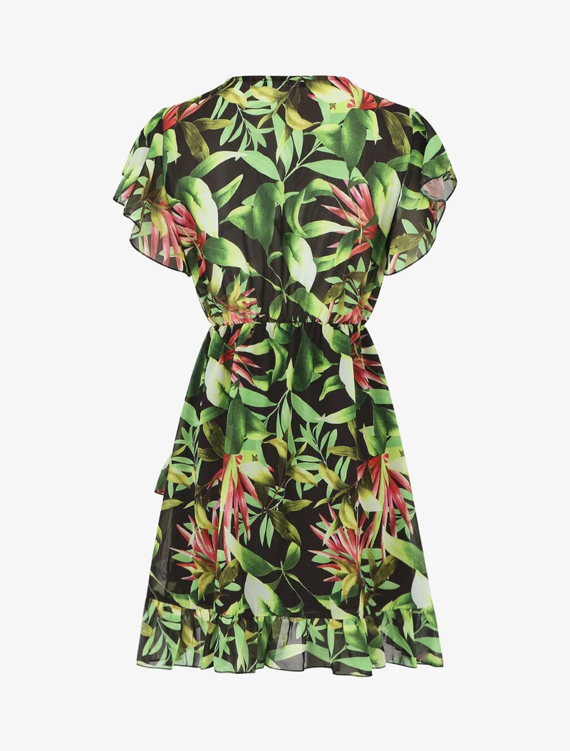 Robe courte volantée imprimé tropical - Noir