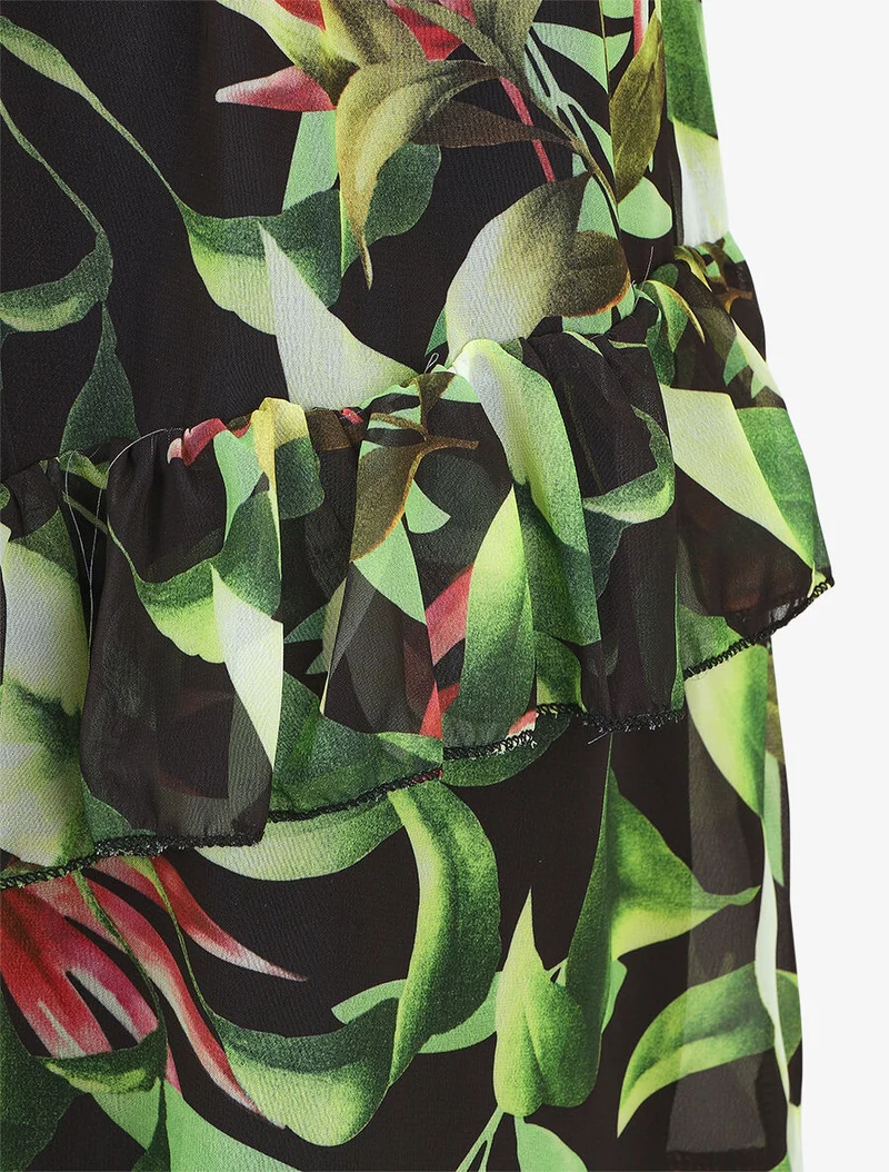 Robe courte volantée imprimé tropical - Noir