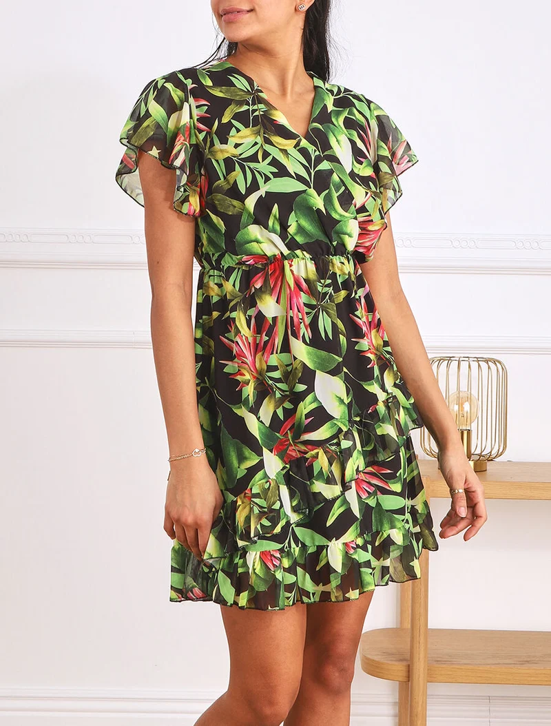 Robe courte volantée imprimé tropical - Noir