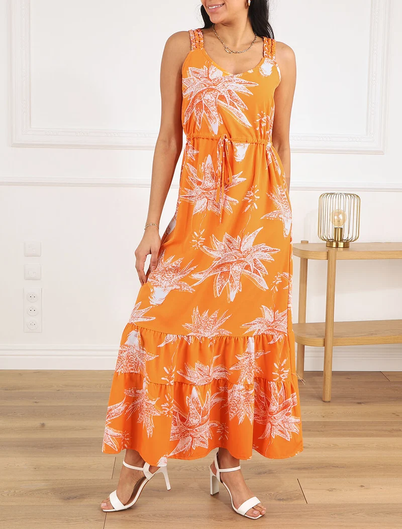 Robe longue droite à imprimé fleurs - Orange