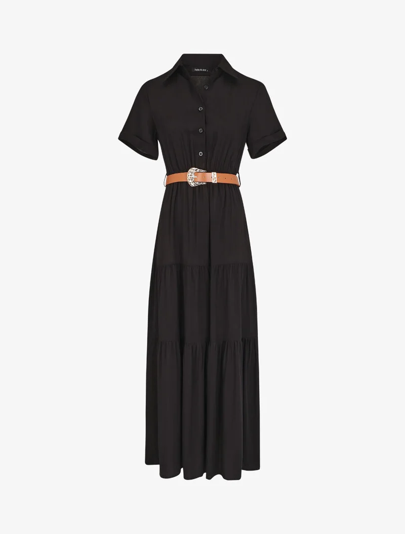 Robe longue unie à taille élastiquée - Noir