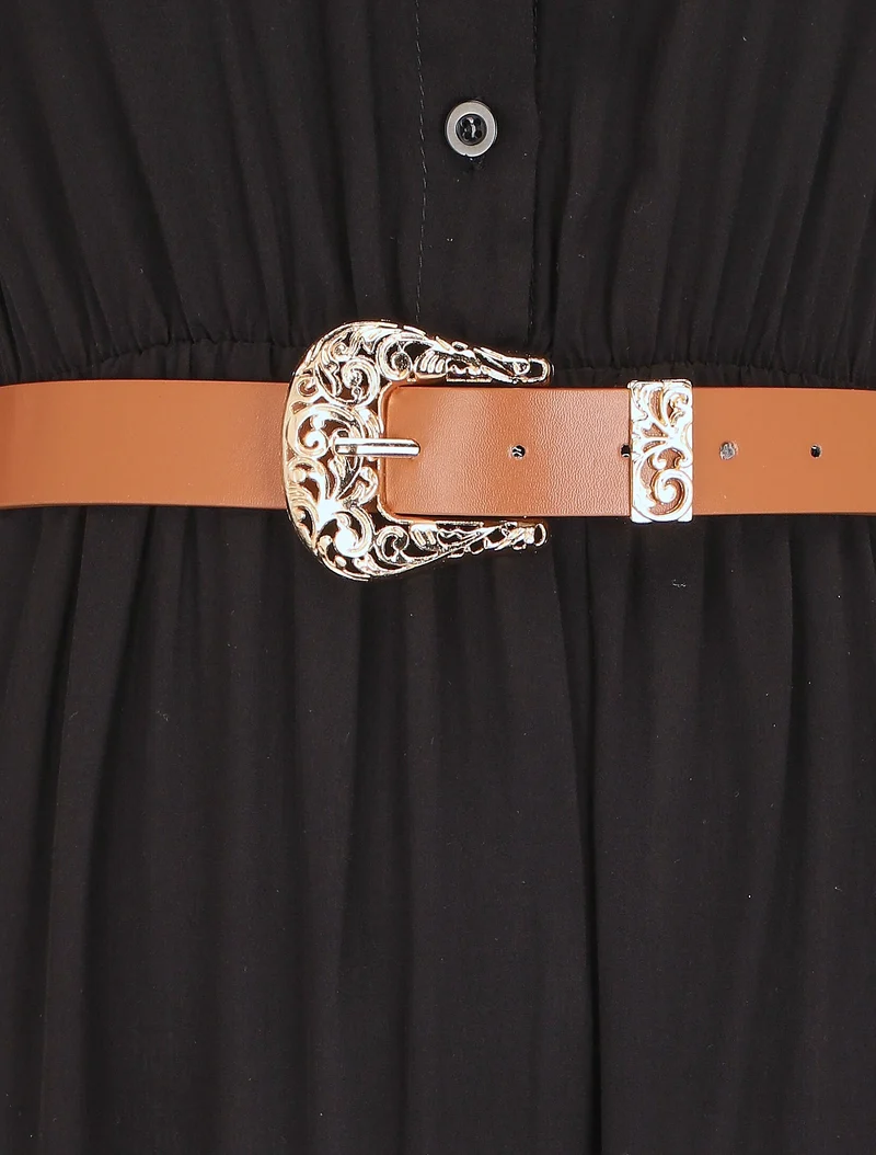 Robe longue unie à taille élastiquée - Noir