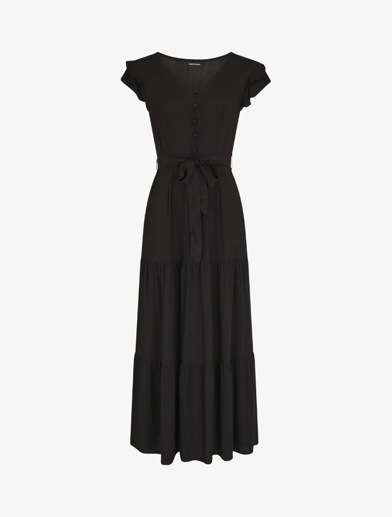 Robe longue unie sans manches à volants - Noir