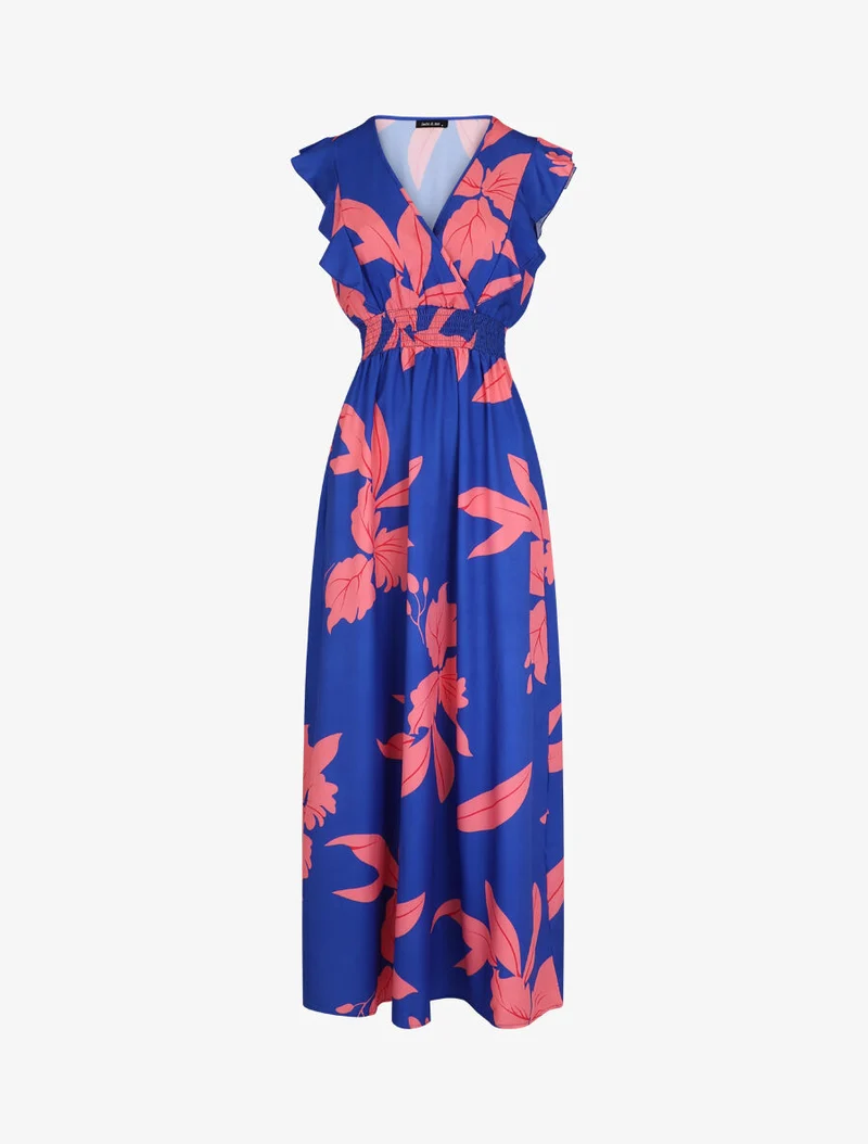 Robe longue motif végétal sans manches à volants - Bleu