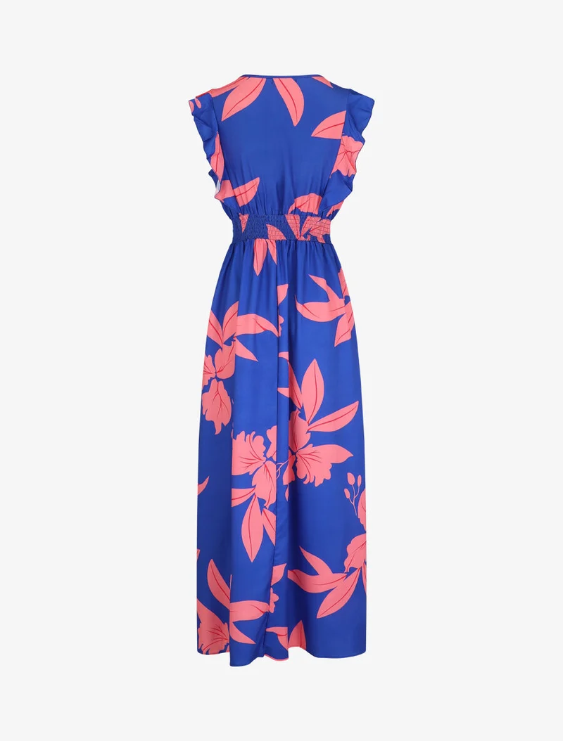 Robe longue motif végétal sans manches à volants - Bleu
