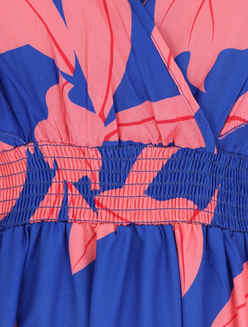 Robe longue motif végétal sans manches à volants - Bleu