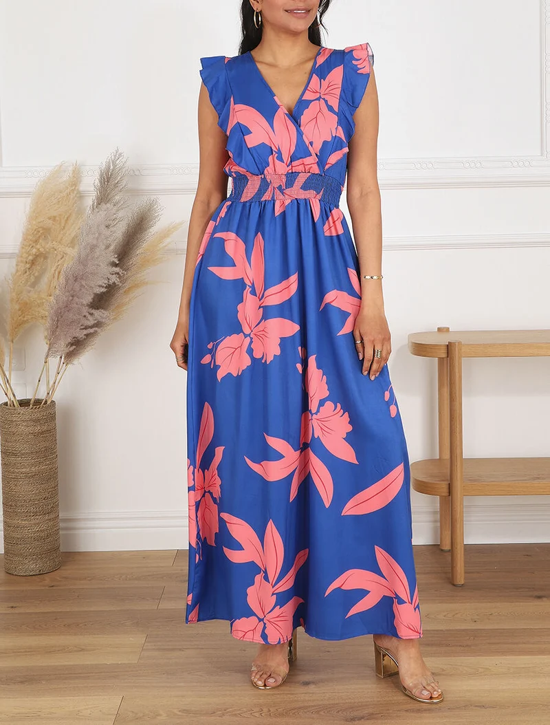 Robe longue motif végétal sans manches à volants - Bleu