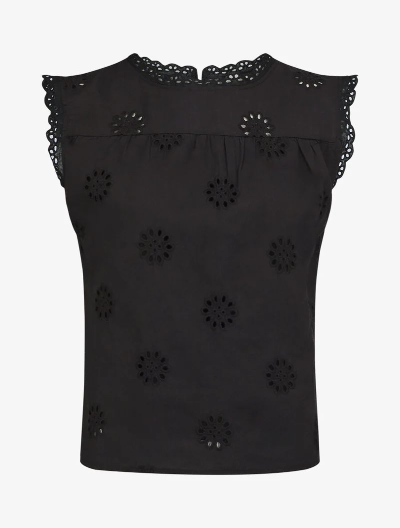 Blouse unie sans manches à motif fleurs - Noir