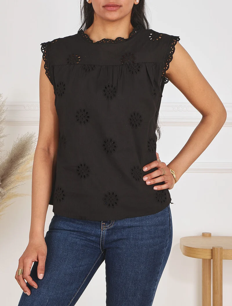 Blouse unie sans manches à motif fleurs - Noir