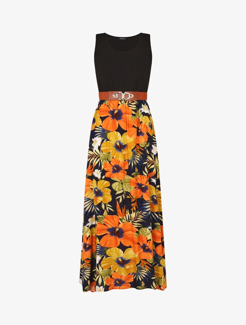 Robe longue bicolore imprimé tropical - Marine