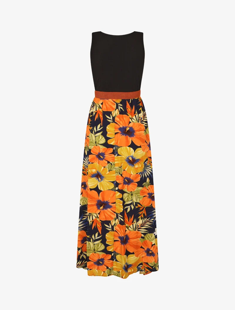 Robe longue bicolore imprimé tropical - Marine