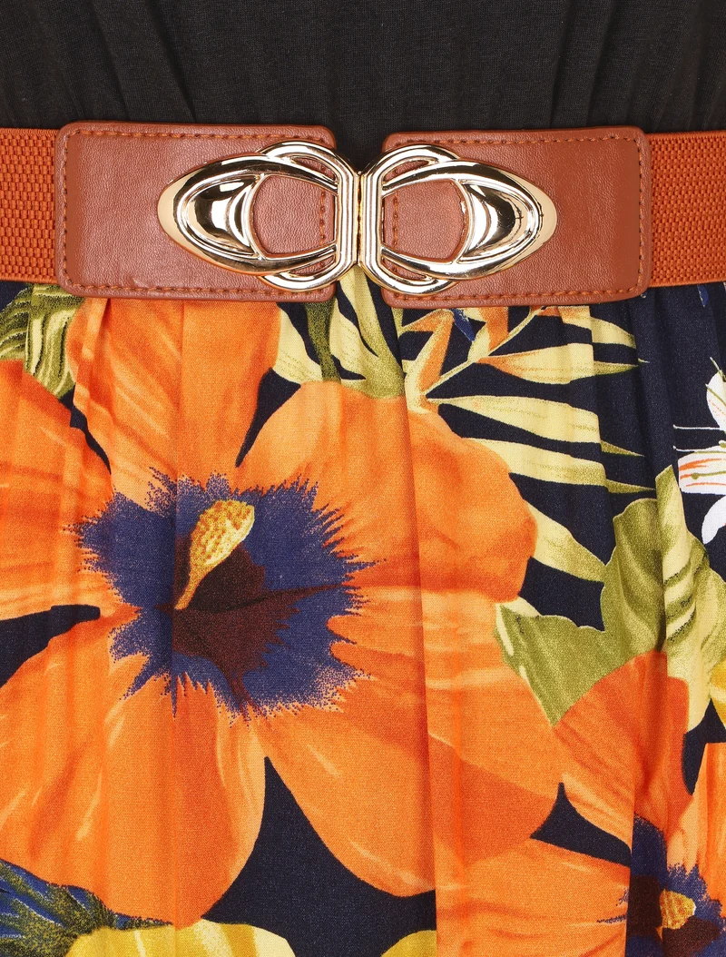 Robe longue bicolore imprimé tropical - Marine