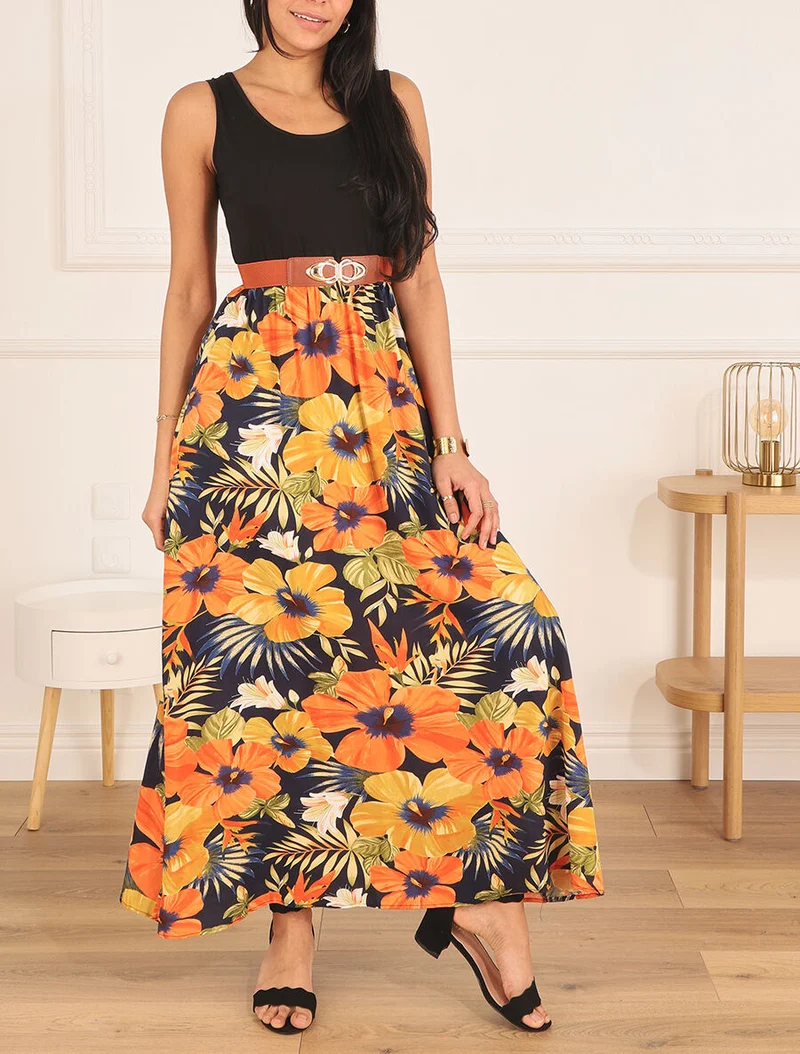Robe longue bicolore imprimé tropical - Marine