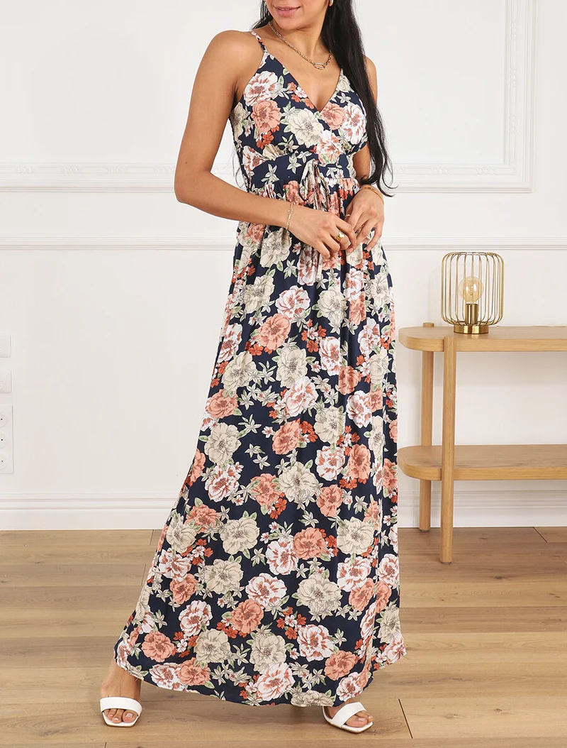 Robe longue imprimé multi-fleurs - Marine
