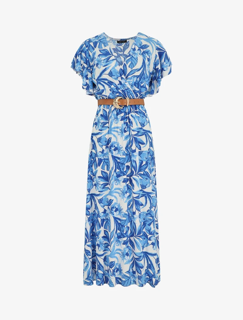 Robe longue manches courtes imprimé floral - Bleu