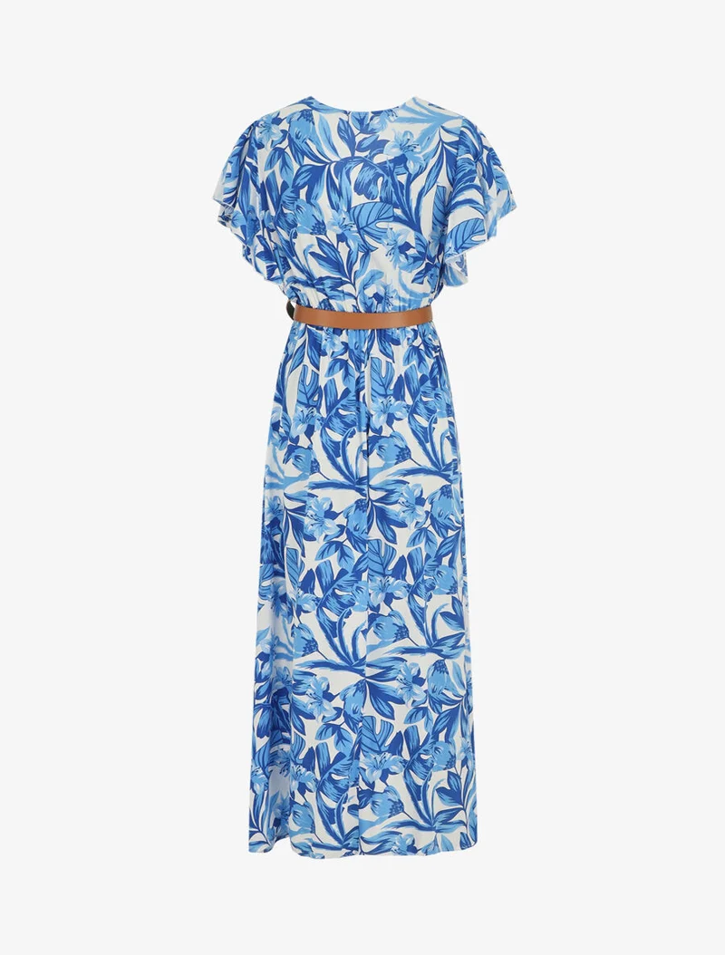Robe longue manches courtes imprimé floral - Bleu