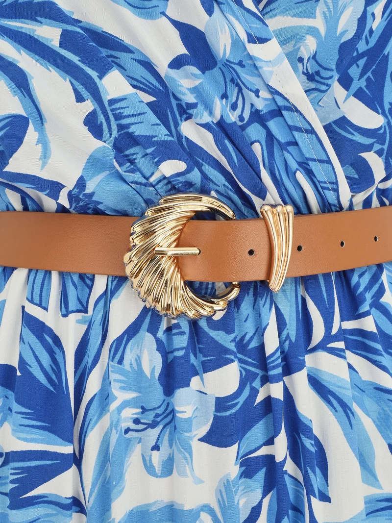 Robe longue manches courtes imprimé floral - Bleu