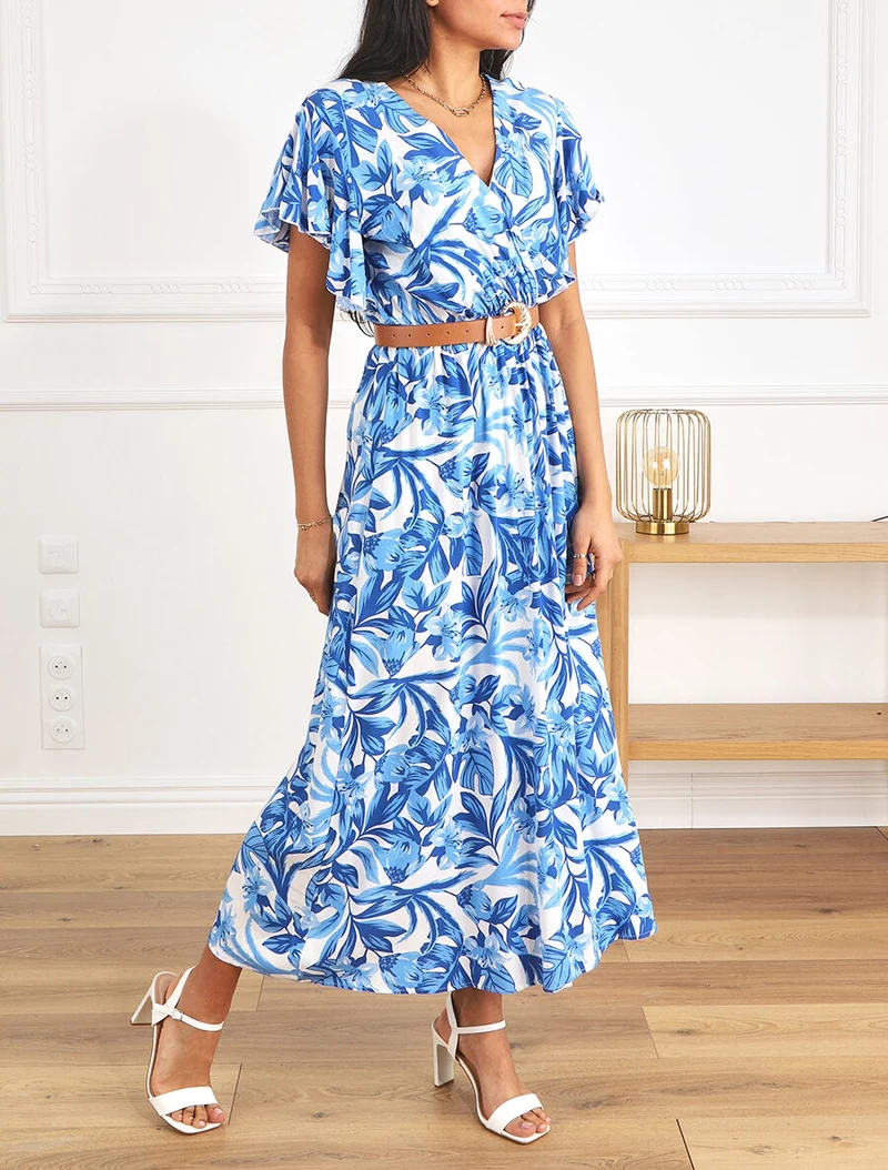 Robe longue manches courtes imprimé floral - Bleu