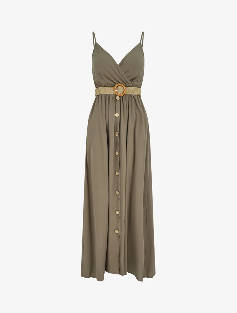 Robe longue unie à bretelles et boutons - Kaki