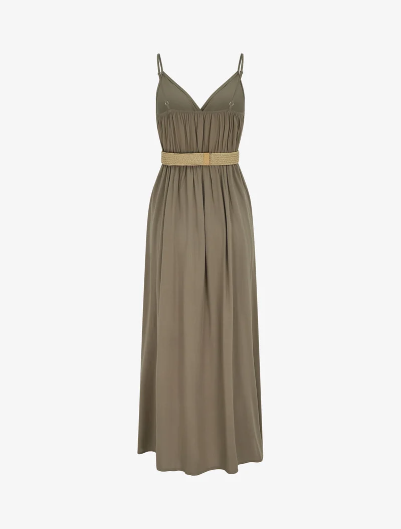 Robe longue unie à bretelles et boutons - Kaki