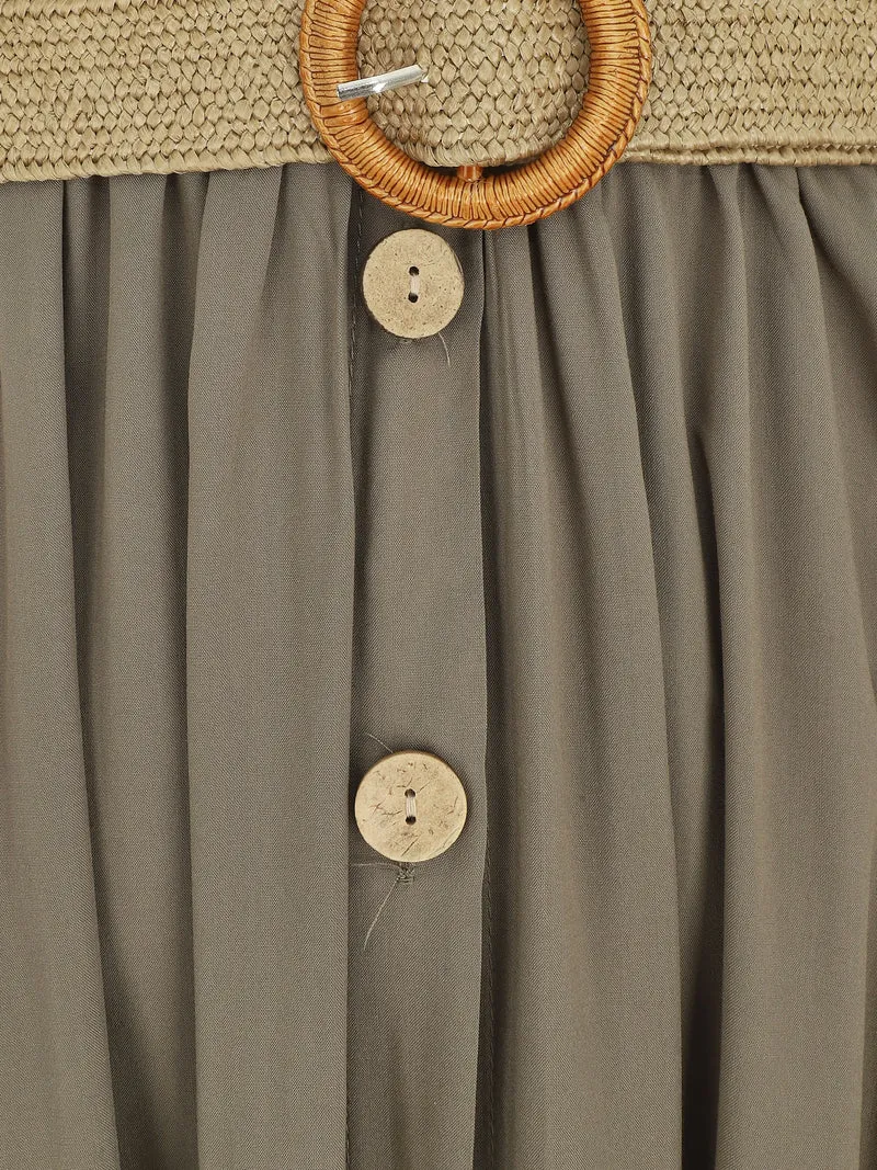 Robe longue unie à bretelles et boutons - Kaki